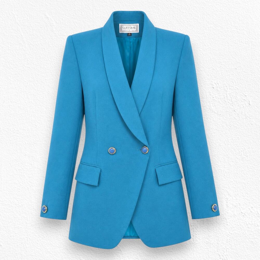 Vintage Teal Double Breasted Shawl Collar Gold Tone Buttons Blazer Size Small